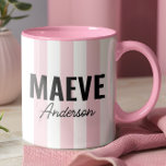 Pink and white stripe personalized modern elegant  mug<br><div class="desc">Modern minimal typography girly pink and white stripe elegant simple unique personalized gift mug design.</div>
