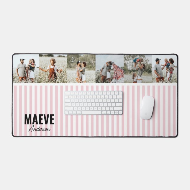 Pink and white stripe personalized modern photo desk mat (Keyboard & Mouse)