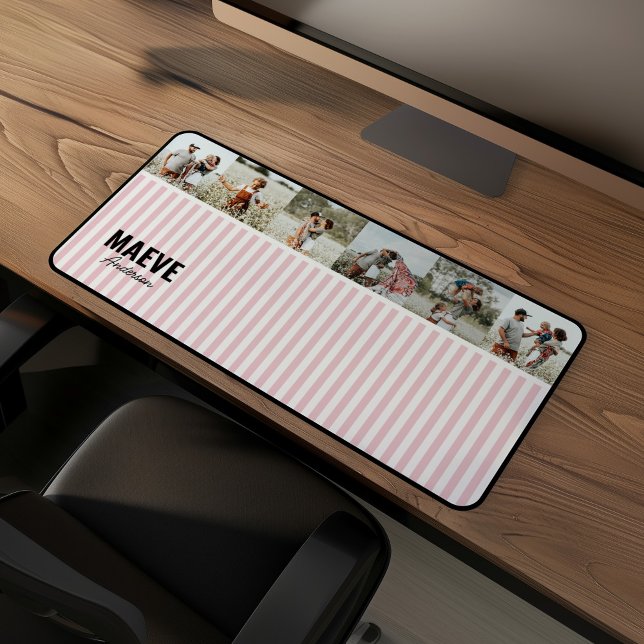 Pink and white stripe personalized modern photo desk mat (Creator Uploaded)