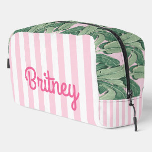 Pink and White Stripe Tropical Personalized Dopp Kit