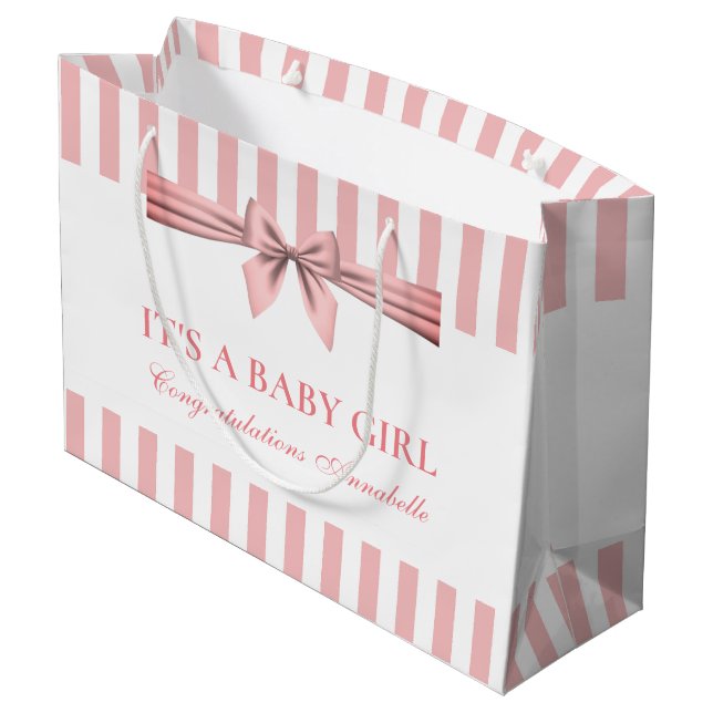 Pink and White Striped Baby Shower Large Gift Bag (Back Angled)