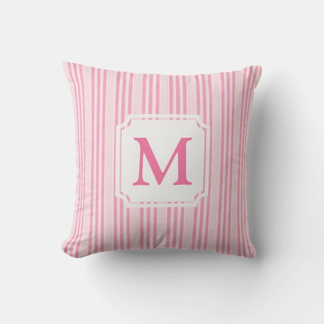 Pink and White Striped | Cabana Monogram Outdoor Pillow (Front)