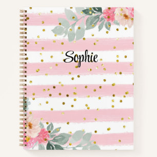 Pink and White Striped Gold Glitter Floral Custom Notebook