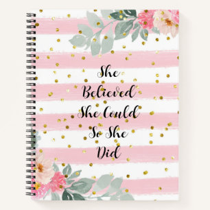 Pink and White Striped Gold Glitter Floral Quote Notebook