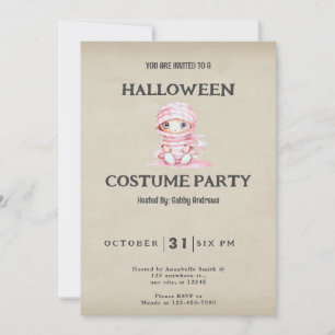 Pink and White Striped Mummy Vintage Halloween Invitation