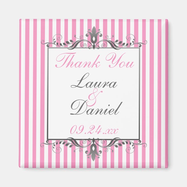 Pink and White Striped Wedding Favour Magnet (Front)