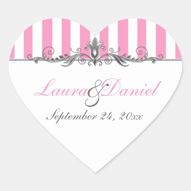 Pink and White Striped Wedding Sticker (Front)
