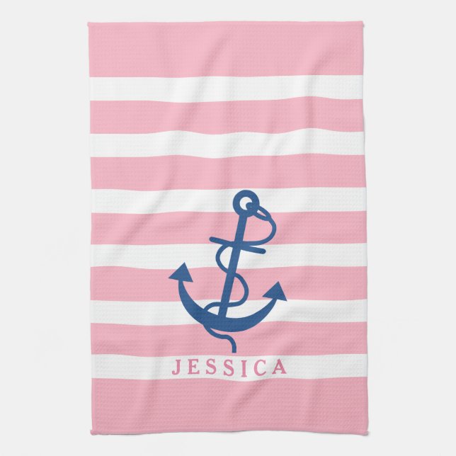 Pink And White Stripes Blue Nautical Anchor 2 Kitchen Towel (Vertical)
