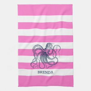 Pink And White Stripes Blue Nautical Octopus Kitchen Towel