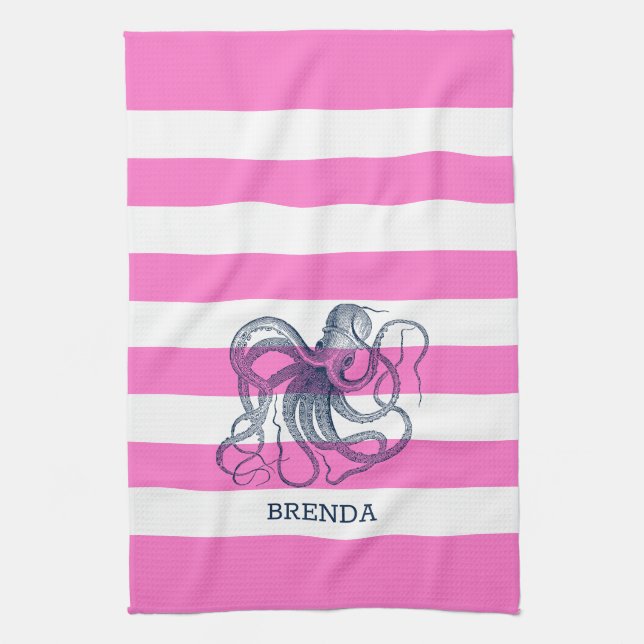 Pink And White Stripes Blue Nautical Octopus Kitchen Towel (Vertical)