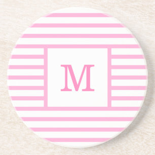 Pink and White Stripes Custom Monogram Sandstone Coaster