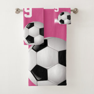 Pink and White Stripes Jersey Soccer Ball Bath Towel Set