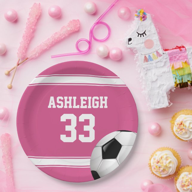 Pink and White Stripes Jersey Soccer Ball Paper Plate (Party)