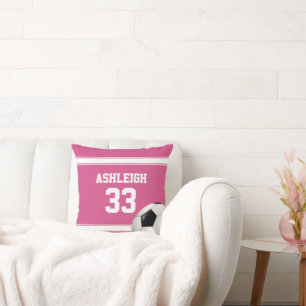 Pink and White Stripes Jersey Soccer Ball Throw Pillow