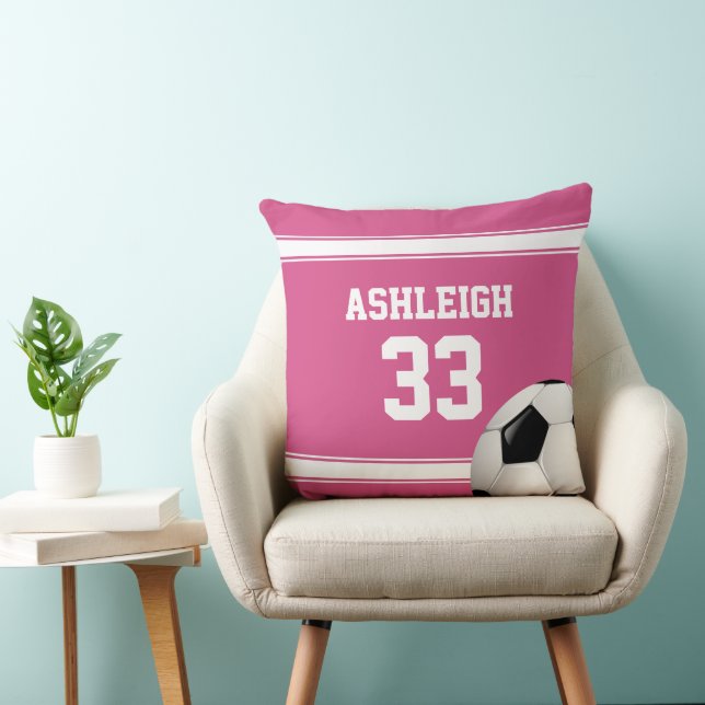 Pink and White Stripes Jersey Soccer Ball Throw Pillow (Chair)