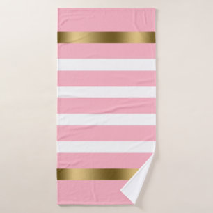 Pink and white stripes pattern gold accents bath towel set