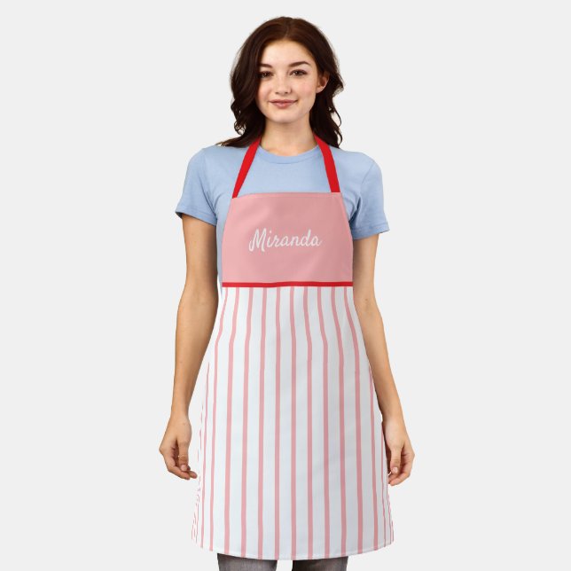 Pink And White Stripes Personalized Apron (Worn)
