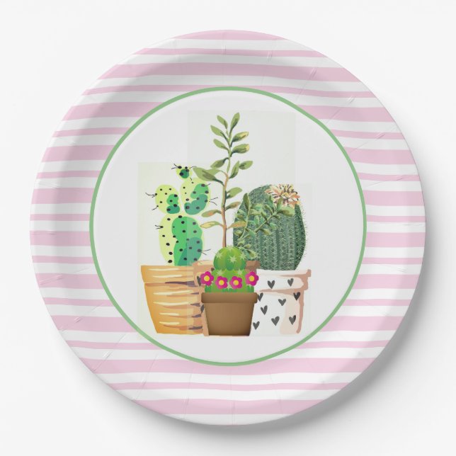 Pink and White Stripes with Cactus Succulents Paper Plate (Front)