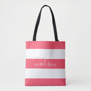 Pink and White Stripes with Name Typography Tote Bag