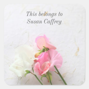 Pink and white sweet peas bookplate square sticker