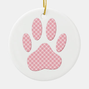 Pink And White Tartan Dog Paw Print Ceramic Ornament