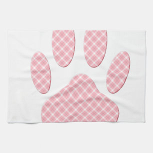 Pink And White Tartan Dog Paw Print Kitchen Towel