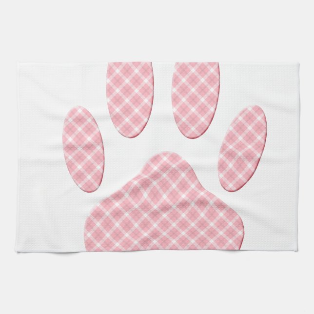 Pink And White Tartan Dog Paw Print Kitchen Towel (Horizontal)