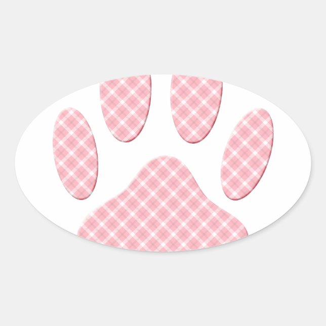 Pink And White Tartan Dog Paw Print Oval Sticker (Front)