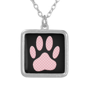 Pink And White Tartan Dog Paw Print Silver Plated Necklace