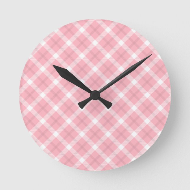 Pink And White Tartan Pattern Round Clock (Front)