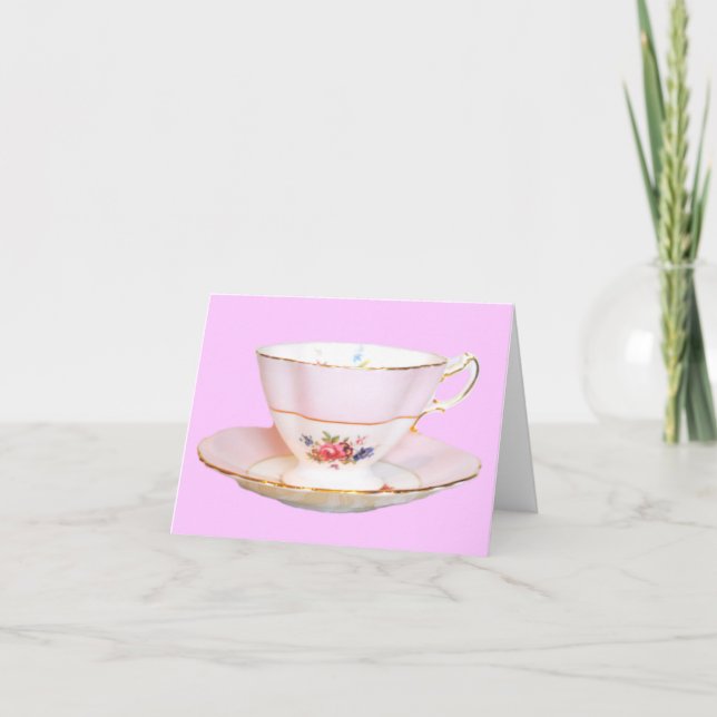 Pink and White Tea Cup with Roses Note Card (Front)