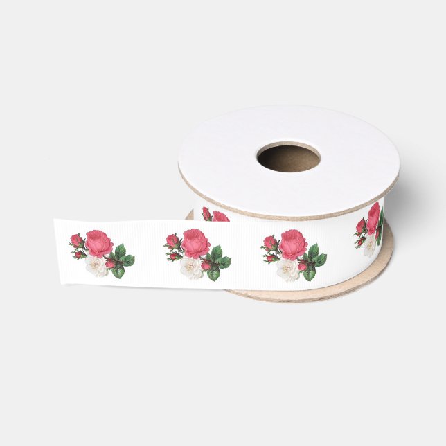 Pink and White Tea Roses Grosgrain Ribbon 1.5" (Spool)