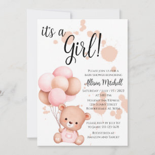 Pink and White Teddy Bear Baby Shower Invitation