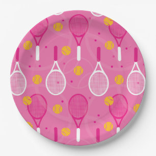Pink and white tennis racket pattern  paper plate