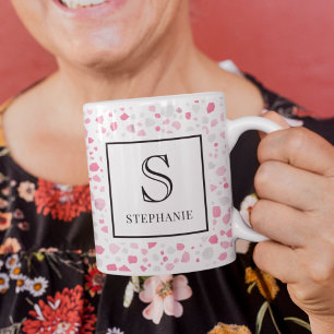 Pink and White Terrazzo Girly Pattern Monogrammed Coffee Mug