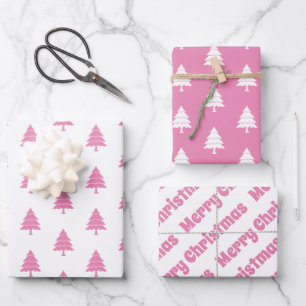 Pink and white trees Merry Christmas holiday Wrapping Paper Sheet