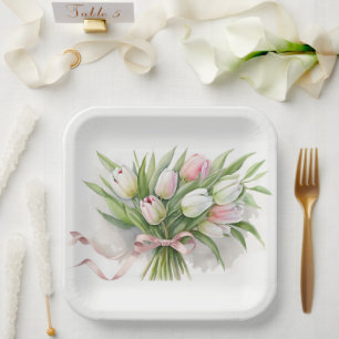 Pink and White Tulip Bouquet Paper Plate