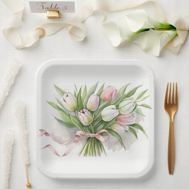 Pink and White Tulip Bouquet Paper Plate (Wedding)