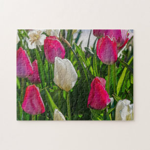 Pink And White Tulips Painterly Jigsaw Puzzle
