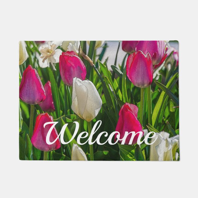 Pink And White Tulips Painterly Welcome Doormat (Front)