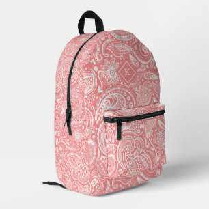Pink and white vintage paisley pattern monogram printed backpack