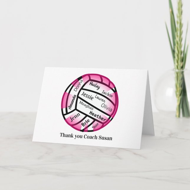 Pink and White Volleyball Thank You Coach Card (Front)