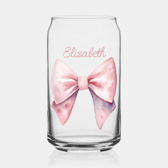 Pink and White Watercolor Bow Personalized Can Glass (Front)