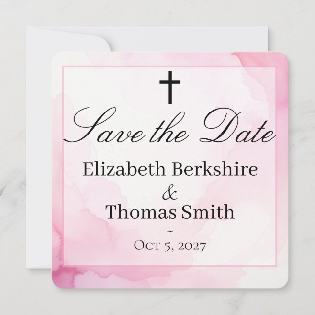 Pink and White Watercolor Catholic Wedding Save The Date (Front)
