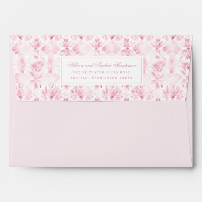 Pink and White Watercolor Damask Wedding Envelope (Back (Top Flap))