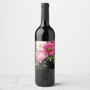 Pink and White Watercolor Peony Floral Wedding Wine Label