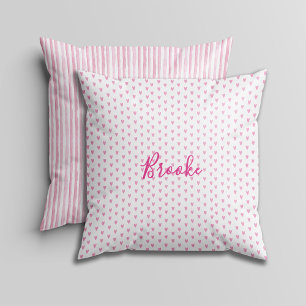 Pink and White Watercolor Stripes Hearts & Rainbow Throw Pillow