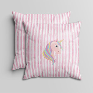 Pink and White Watercolor Stripes with Unicorn Throw Pillow