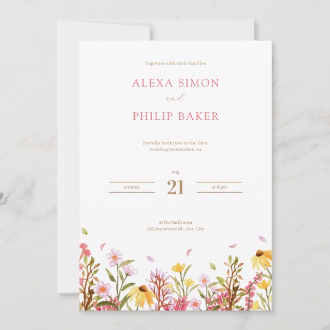 Pink and White Watercolor Wildflower Wedding Invitation (Front)