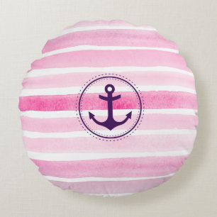 Pink and White Watercolors Trendy Anchor Round Pillow